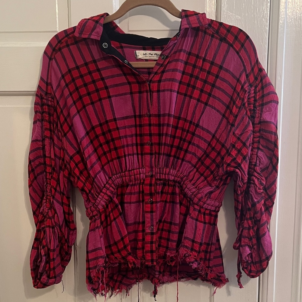 FP We The Free Pacific Dawn Drawstring Plaid Shirt Red Pink Black Button Down - Picture 2 of 10